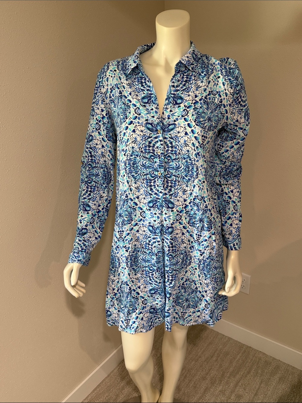 Lilly Pulitzer Blue & White Long-Sleeve Printed Shirt Dress